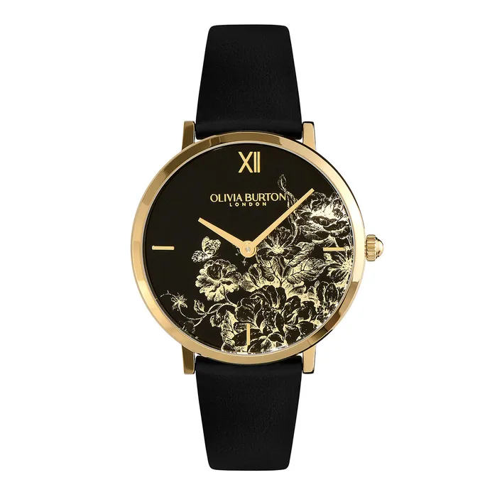 35mm Floral Blooms Ultra Slim Gold and Black Leather Strap Watch Women Floral Watches Olivia Burton 35mm Floral Blooms Ultra Slim Gold and Black Leather Strap Watch Women Floral Watches Olivia Burton