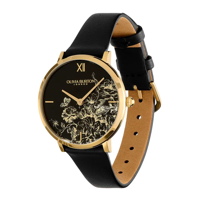 35mm Floral Blooms Ultra Slim Gold and Black Leather Strap Watch Women Floral Watches Olivia Burton
