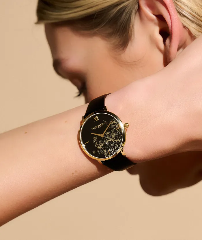 35mm Floral Blooms Ultra Slim Gold and Black Leather Strap Watch Women Floral Watches Olivia Burton