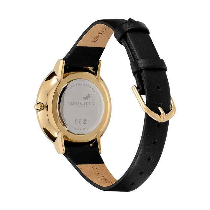 35mm Floral Blooms Ultra Slim Gold and Black Leather Strap Watch Women Floral Watches Olivia Burton