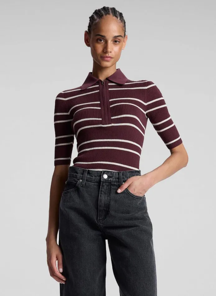 ALC Tops Women Cooper Fine Cotton Ribbed Top Carobwhite Wide Stripe