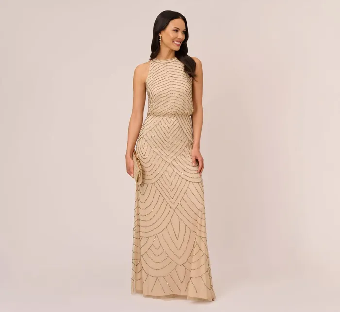 Adrianna Papell Art Deco Beaded Blouson Dress With Halter Neckline In Nude Nude Women Formal Dresses Adrianna Papell Art Deco Beaded Blouson Dress With Halter Neckline In Nude Nude Women Formal Dresses