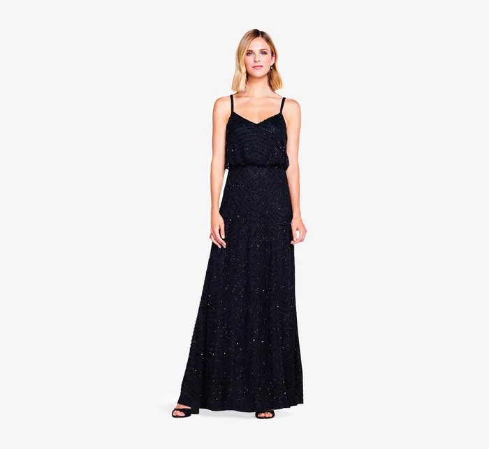 Adrianna Papell Art Deco Beaded Blouson Gown In Black Black Women Long Dresses