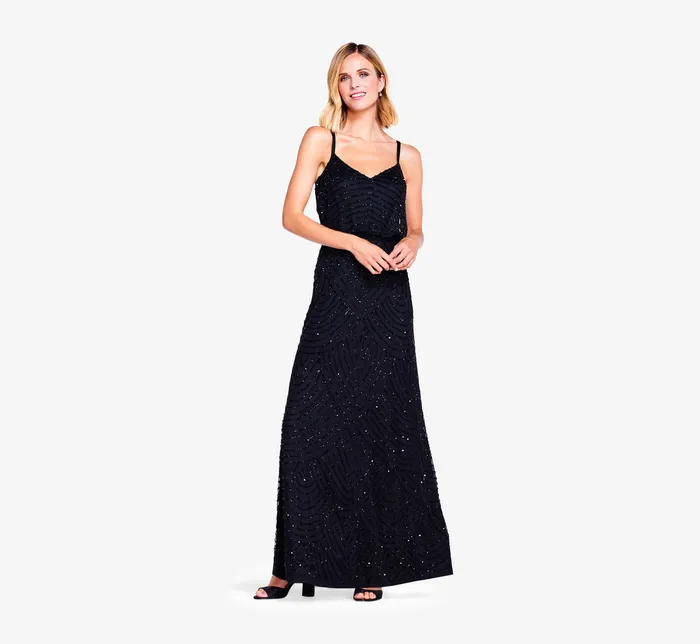 Adrianna Papell Art Deco Beaded Blouson Gown In Black Black Women Long Dresses Adrianna Papell Art Deco Beaded Blouson Gown In Black Black Women Long Dresses
