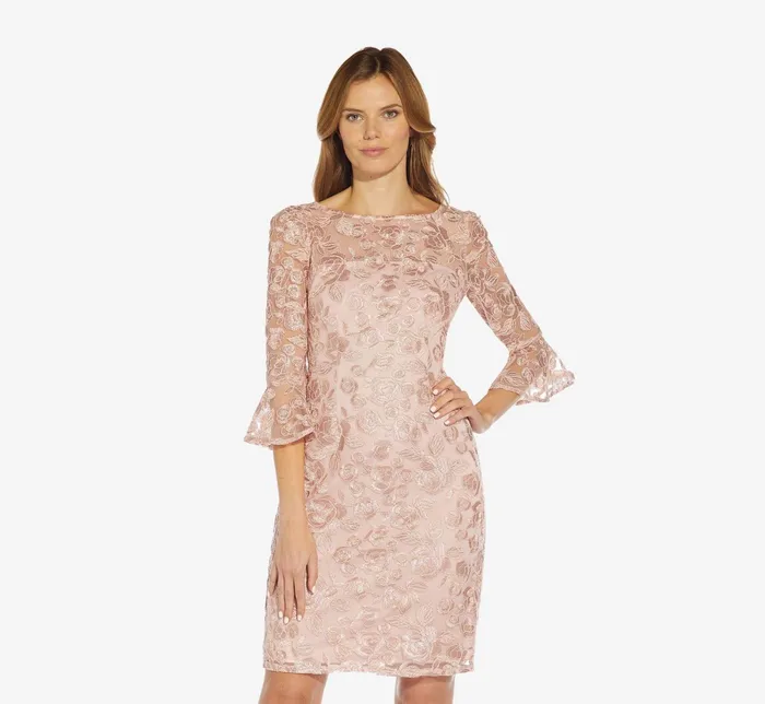 Adrianna Papell Bell Sleeve Rose Embroidered Sheath Dress In Dusty Rose Dusty Rose Women Short Dresses Adrianna Papell Bell Sleeve Rose Embroidered Sheath Dress In Dusty Rose Dusty Rose Women Short Dresses