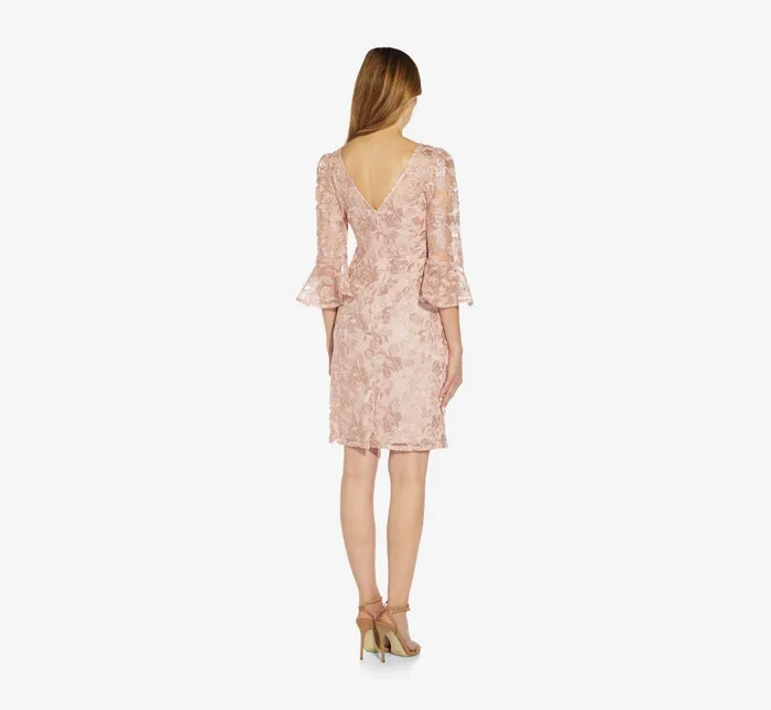 Adrianna Papell Bell Sleeve Rose Embroidered Sheath Dress In Dusty Rose Dusty Rose Women Short Dresses Adrianna Papell Bell Sleeve Rose Embroidered Sheath Dress In Dusty Rose Dusty Rose Women Short Dresses