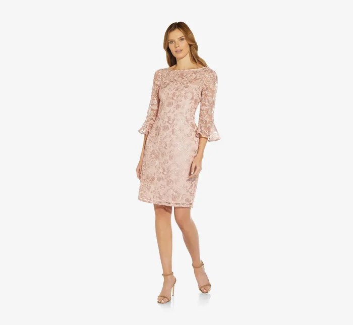 Adrianna Papell Bell Sleeve Rose Embroidered Sheath Dress In Dusty Rose Dusty Rose Women Short Dresses Adrianna Papell Bell Sleeve Rose Embroidered Sheath Dress In Dusty Rose Dusty Rose Women Short Dresses