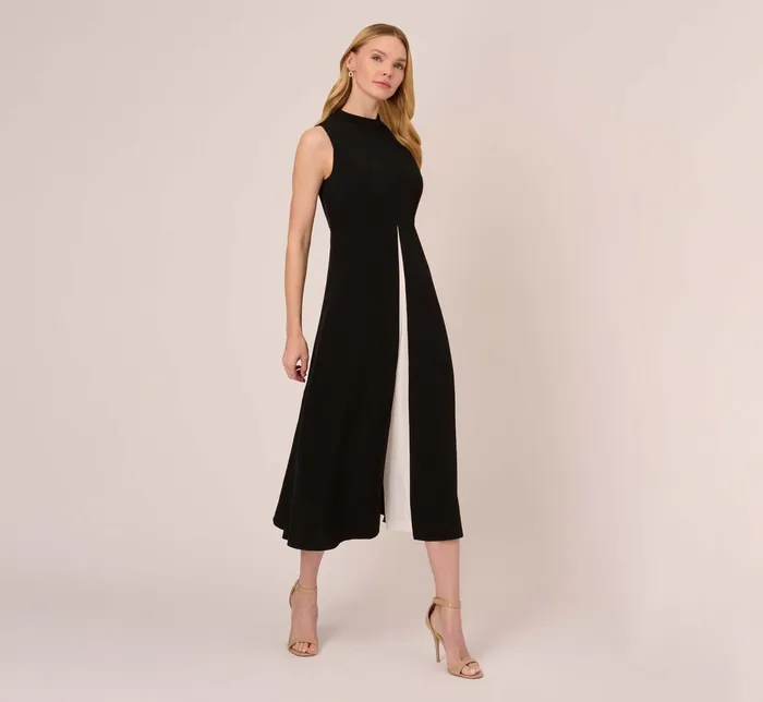 Adrianna Papell Colorblock Matte Crepe Cropped Jumpsuit With Skirt Overlay In Black Ivory BlackIvory Women Jumpsuits Adrianna Papell Colorblock Matte Crepe Cropped Jumpsuit With Skirt Overlay In Black Ivory BlackIvory Women Jumpsuits