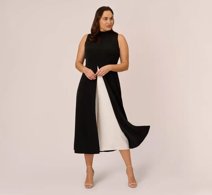 Adrianna Papell Colorblock Matte Crepe Cropped Jumpsuit With Skirt Overlay In Black Ivory BlackIvory Women Jumpsuits Adrianna Papell Colorblock Matte Crepe Cropped Jumpsuit With Skirt Overlay In Black Ivory BlackIvory Women Jumpsuits