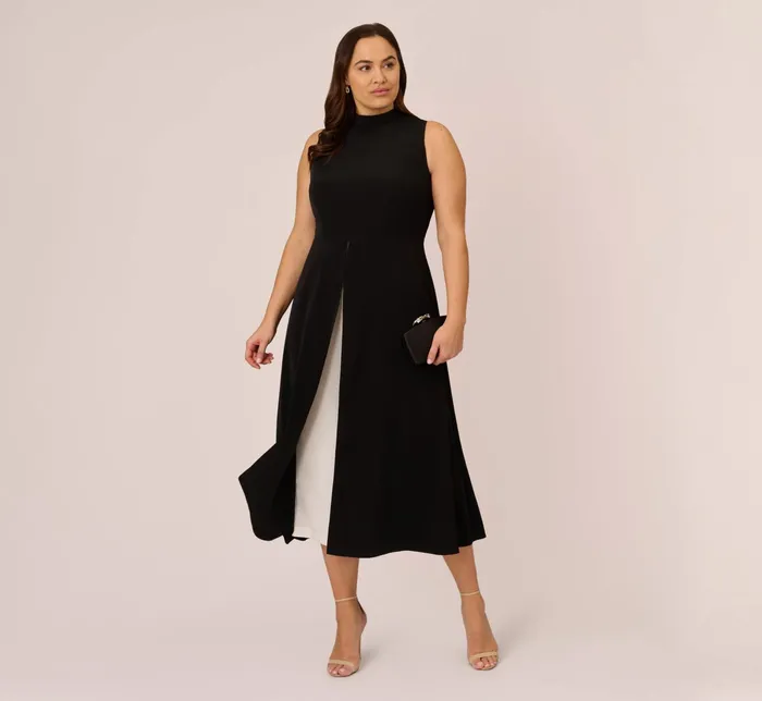 Adrianna Papell Colorblock Matte Crepe Cropped Jumpsuit With Skirt Overlay In Black Ivory BlackIvory Women Jumpsuits Adrianna Papell Colorblock Matte Crepe Cropped Jumpsuit With Skirt Overlay In Black Ivory BlackIvory Women Jumpsuits