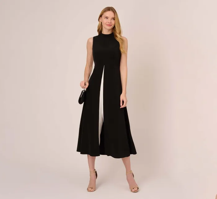 Adrianna Papell Colorblock Matte Crepe Cropped Jumpsuit With Skirt Overlay In Black Ivory BlackIvory Women Jumpsuits Adrianna Papell Colorblock Matte Crepe Cropped Jumpsuit With Skirt Overlay In Black Ivory BlackIvory Women Jumpsuits