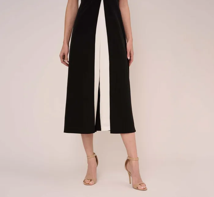 Adrianna Papell Colorblock Matte Crepe Cropped Jumpsuit With Skirt Overlay In Black Ivory BlackIvory Women Jumpsuits Adrianna Papell Colorblock Matte Crepe Cropped Jumpsuit With Skirt Overlay In Black Ivory BlackIvory Women Jumpsuits