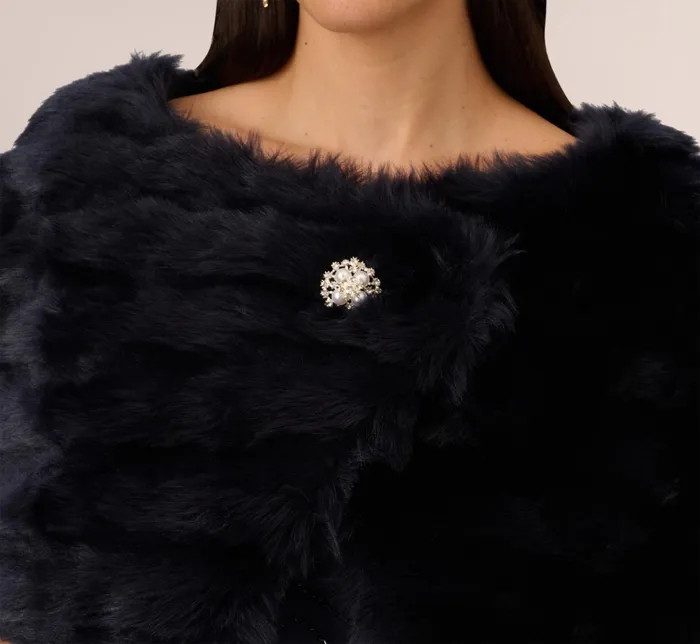 Adrianna Papell Faux Fur Wrap With Stone Broach In Black Black Women Cover Ups Adrianna Papell Faux Fur Wrap With Stone Broach In Black Black Women Cover Ups