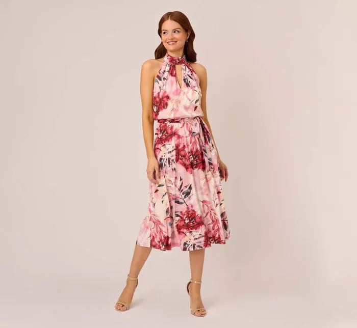 Adrianna Papell Floral Chiffon Midi Dress With Cutout Halter Neckline In Pink Multi Pink Multi Women Floral Dresses Adrianna Papell Floral Chiffon Midi Dress With Cutout Halter Neckline In Pink Multi Pink Multi Women Floral Dresses