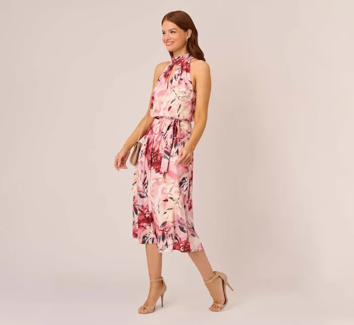 Adrianna Papell Floral Chiffon Midi Dress With Cutout Halter Neckline In Pink Multi Pink Multi Women Floral Dresses Adrianna Papell Floral Chiffon Midi Dress With Cutout Halter Neckline In Pink Multi Pink Multi Women Floral Dresses