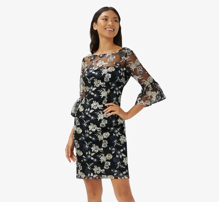 Adrianna Papell Floral Embroidered Illusion Short Sheath Dress With Bell Sleeves In Black Multi Black Multi Women Floral Dresses Adrianna Papell Floral Embroidered Illusion Short Sheath Dress With Bell Sleeves In Black Multi Black Multi Women Floral Dresses
