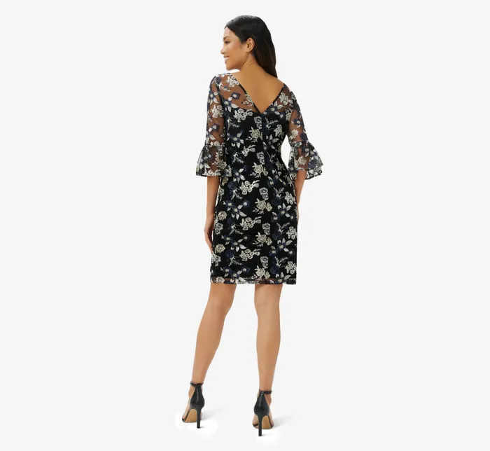 Adrianna Papell Floral Embroidered Illusion Short Sheath Dress With Bell Sleeves In Black Multi Black Multi Women Floral Dresses Adrianna Papell Floral Embroidered Illusion Short Sheath Dress With Bell Sleeves In Black Multi Black Multi Women Floral Dresses