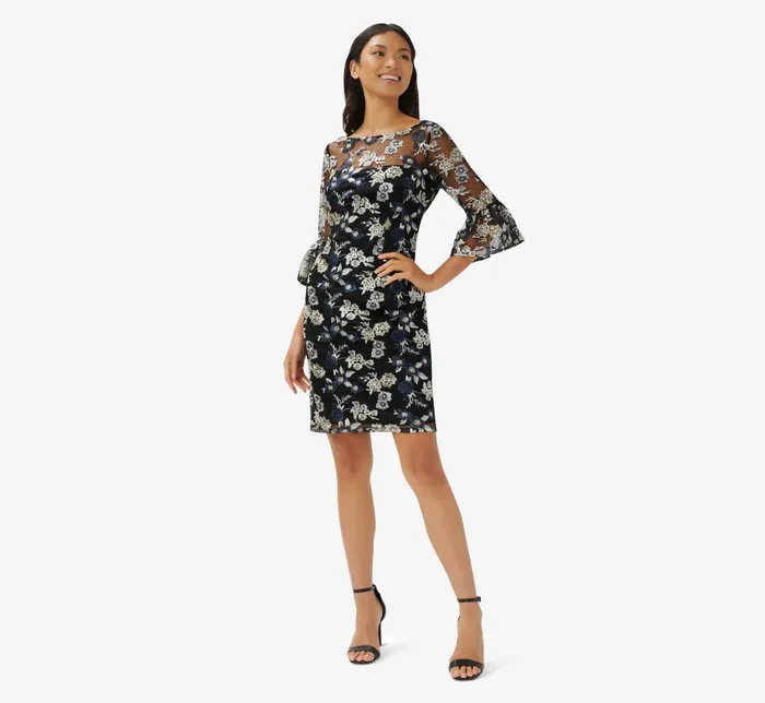 Adrianna Papell Floral Embroidered Illusion Short Sheath Dress With Bell Sleeves In Black Multi Black Multi Women Floral Dresses Adrianna Papell Floral Embroidered Illusion Short Sheath Dress With Bell Sleeves In Black Multi Black Multi Women Floral Dresses