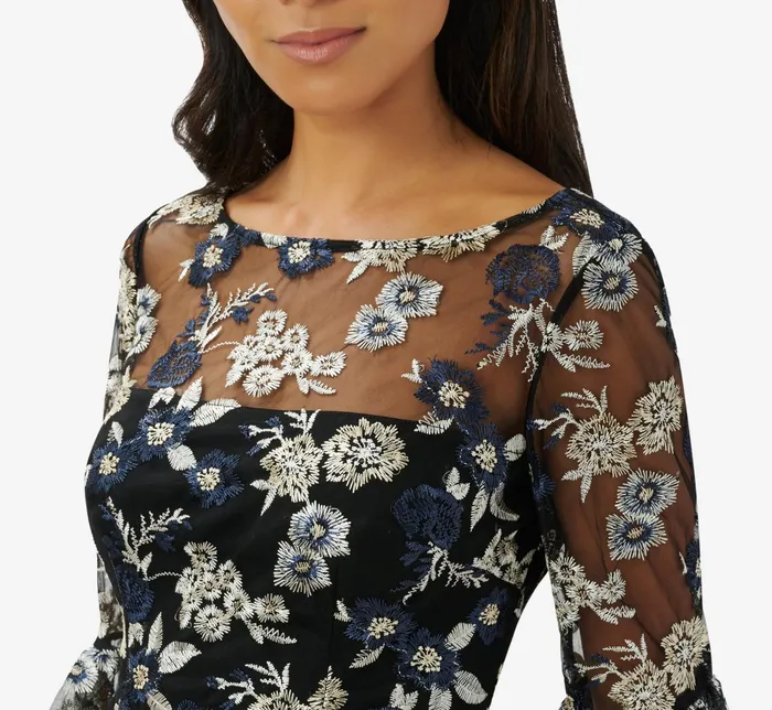 Adrianna Papell Floral Embroidered Illusion Short Sheath Dress With Bell Sleeves In Black Multi Black Multi Women Floral Dresses Adrianna Papell Floral Embroidered Illusion Short Sheath Dress With Bell Sleeves In Black Multi Black Multi Women Floral Dresses