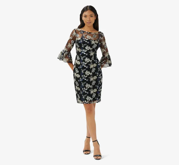 Adrianna Papell Floral Embroidered Illusion Short Sheath Dress With Bell Sleeves In Black Multi Black Multi Women Floral Dresses Adrianna Papell Floral Embroidered Illusion Short Sheath Dress With Bell Sleeves In Black Multi Black Multi Women Floral Dresses