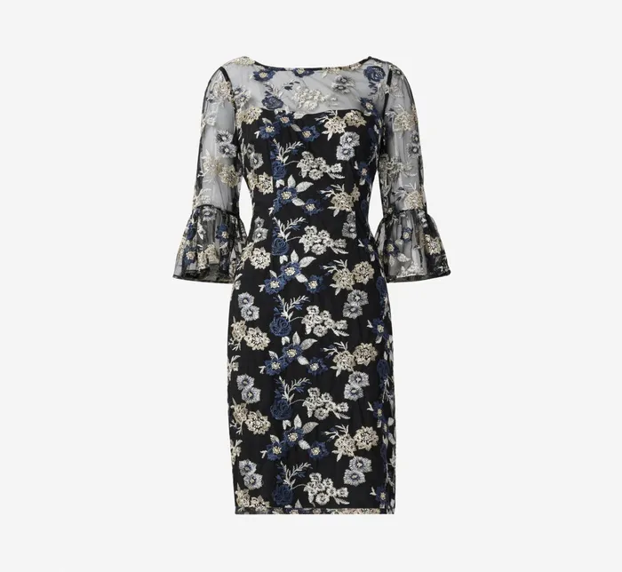 Adrianna Papell Floral Embroidered Illusion Short Sheath Dress With Bell Sleeves In Black Multi Black Multi Women Floral Dresses Adrianna Papell Floral Embroidered Illusion Short Sheath Dress With Bell Sleeves In Black Multi Black Multi Women Floral Dresses
