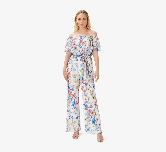 Adrianna Papell FloralPrint OffTheShoulder Chiffon Jumpsuit In Ivory Coral Multi IvoryCoral Multi Women Bridal Jumpsuits Adrianna Papell FloralPrint OffTheShoulder Chiffon Jumpsuit In Ivory Coral Multi IvoryCoral Multi Women Bridal Jumpsuits