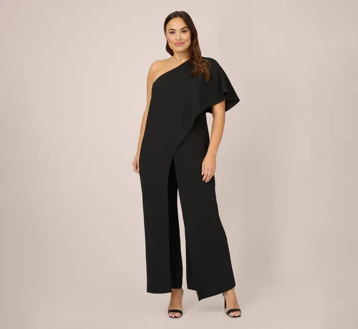 Adrianna Papell Flutter One Shoulder Jumpsuit In Black Black Women Jumpsuits Adrianna Papell Flutter One Shoulder Jumpsuit In Black Black Women Jumpsuits