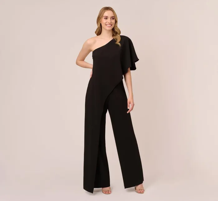 Adrianna Papell Flutter One Shoulder Jumpsuit In Black Black Women Jumpsuits Adrianna Papell Flutter One Shoulder Jumpsuit In Black Black Women Jumpsuits