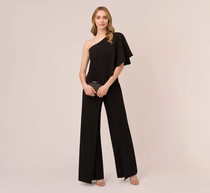 Adrianna Papell Flutter One Shoulder Jumpsuit In Black Black Women Jumpsuits Adrianna Papell Flutter One Shoulder Jumpsuit In Black Black Women Jumpsuits
