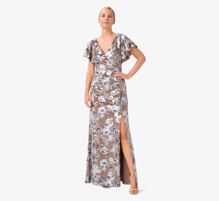 Adrianna Papell Foil FloralPrint Velvet Long Gown In Taupe Taupe Women Floral Dresses