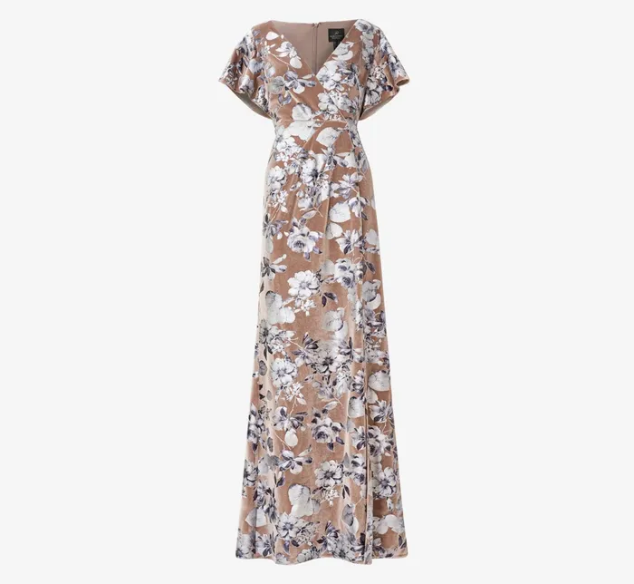 Adrianna Papell Foil FloralPrint Velvet Long Gown In Taupe Taupe Women Floral Dresses Adrianna Papell Foil FloralPrint Velvet Long Gown In Taupe Taupe Women Floral Dresses