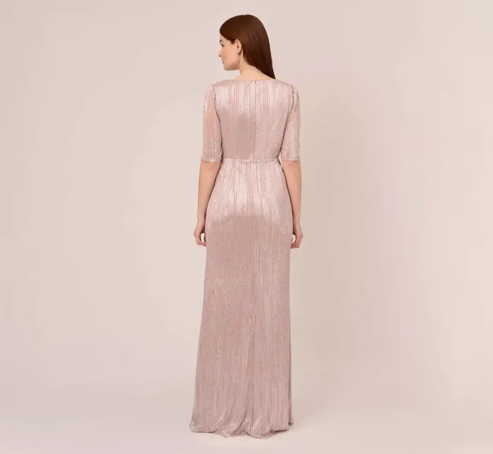 Adrianna Papell Foiled Metallic Mesh Faux Wrap Long Gown In Blush Blush Women Long Dresses Adrianna Papell Foiled Metallic Mesh Faux Wrap Long Gown In Blush Blush Women Long Dresses