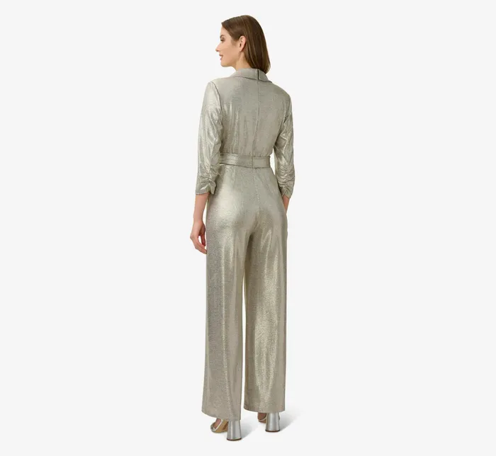 Adrianna Papell Foiled Stretch Jersey Tuxedo Jumpsuit In Light Gold Light Gold Women Jumpsuits Adrianna Papell Foiled Stretch Jersey Tuxedo Jumpsuit In Light Gold Light Gold Women Jumpsuits