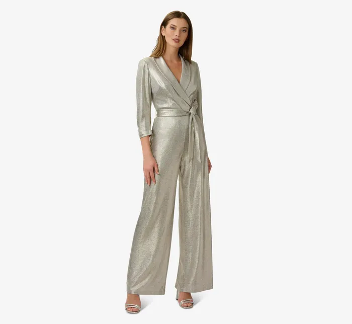 Adrianna Papell Foiled Stretch Jersey Tuxedo Jumpsuit In Light Gold Light Gold Women Jumpsuits Adrianna Papell Foiled Stretch Jersey Tuxedo Jumpsuit In Light Gold Light Gold Women Jumpsuits