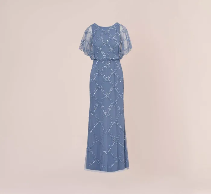 Adrianna Papell HandBeaded Blouson Long Gown With Flutter Sleeves In Light Navy Light Navy Women Long Dresses Adrianna Papell HandBeaded Blouson Long Gown With Flutter Sleeves In Light Navy Light Navy Women Long Dresses