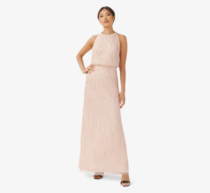 Adrianna Papell HandBeaded Halter Blouson Long Gown In Blush Blush Women Long Dresses
