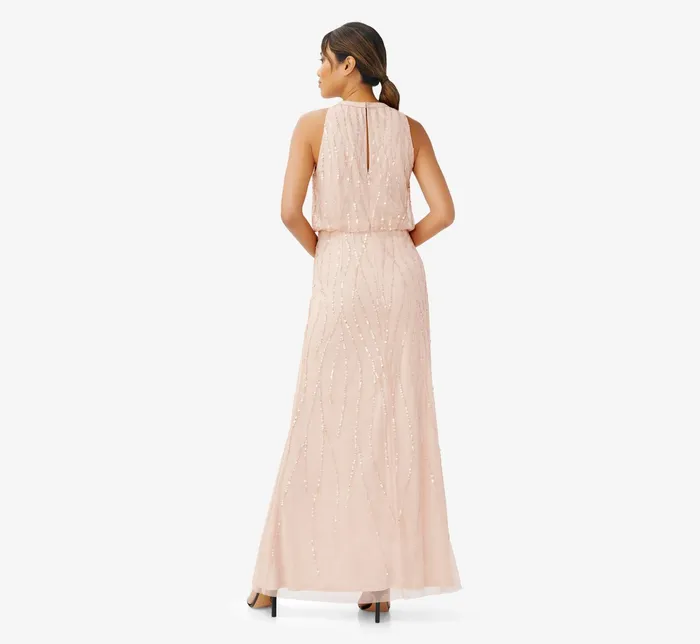 Adrianna Papell HandBeaded Halter Blouson Long Gown In Blush Blush Women Long Dresses Adrianna Papell HandBeaded Halter Blouson Long Gown In Blush Blush Women Long Dresses