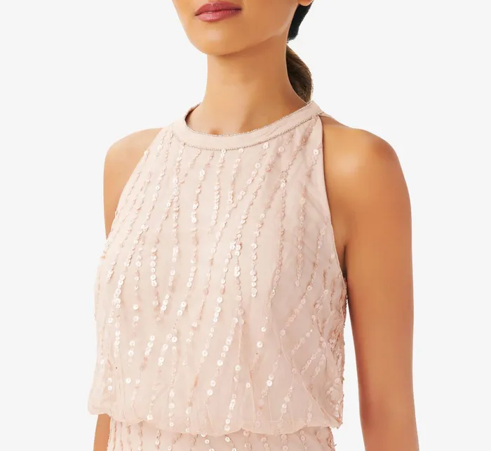 Adrianna Papell HandBeaded Halter Blouson Long Gown In Blush Blush Women Long Dresses Adrianna Papell HandBeaded Halter Blouson Long Gown In Blush Blush Women Long Dresses