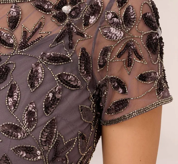 Adrianna Papell Hand Beaded Short Sleeve Floral Godet Gown In Moonscape Moonscape Women Long Dresses Adrianna Papell Hand Beaded Short Sleeve Floral Godet Gown In Moonscape Moonscape Women Long Dresses