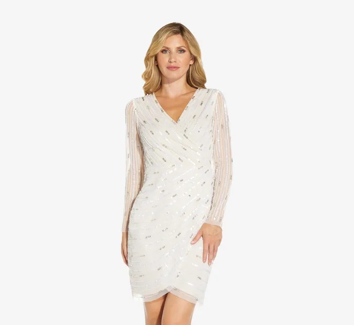 Adrianna Papell HandBeaded Wrap Dress In Ivory Pearl IvoryPearl Women Short Dresses