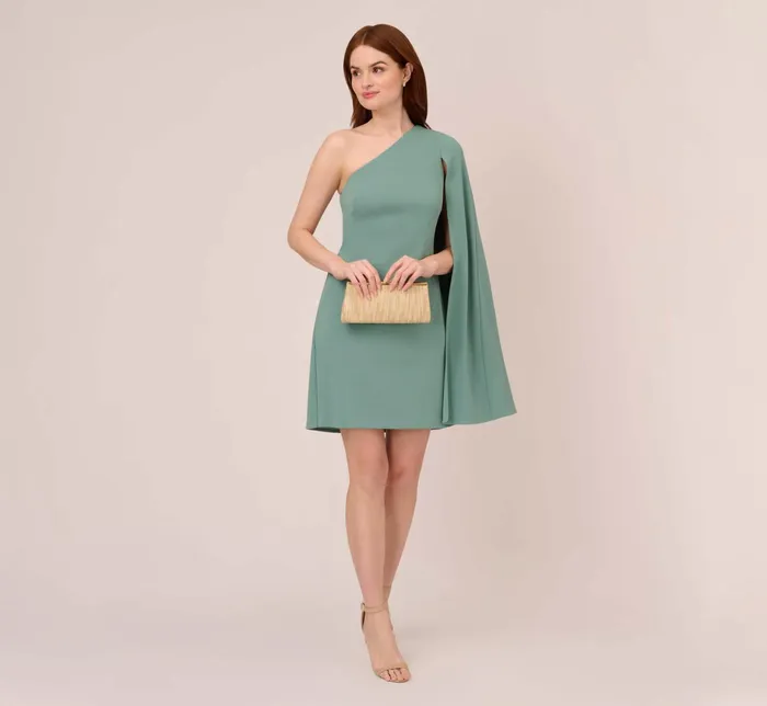Adrianna Papell Knit Crepe OneShoulder Short Cocktail Cape Dress In Green Slate Green Slate Women Short Dresses Adrianna Papell Knit Crepe OneShoulder Short Cocktail Cape Dress In Green Slate Green Slate Women Short Dresses