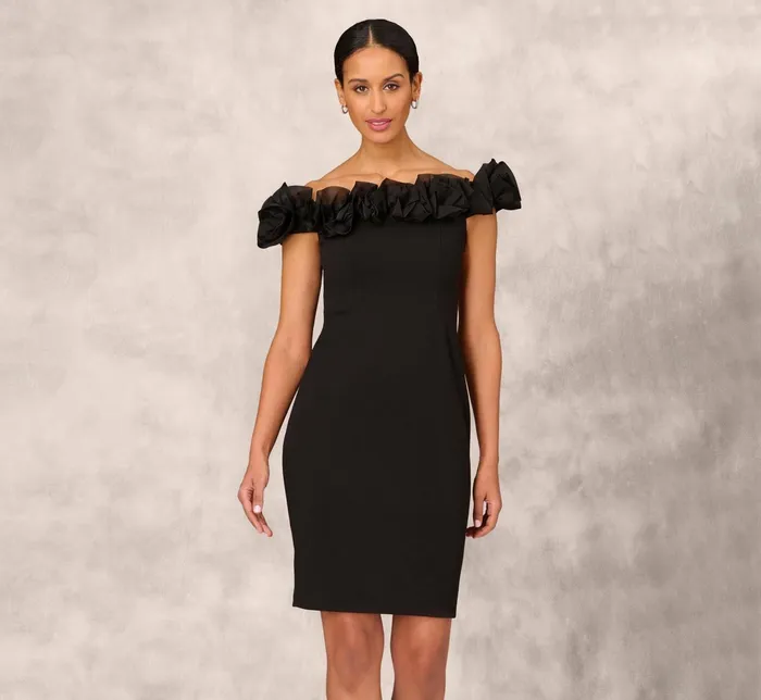 Adrianna Papell Off The Shoulder Crepe Sheath Dress With Organza Florals In Black Black Women Cocktail Dresses Adrianna Papell Off The Shoulder Crepe Sheath Dress With Organza Florals In Black Black Women Cocktail Dresses