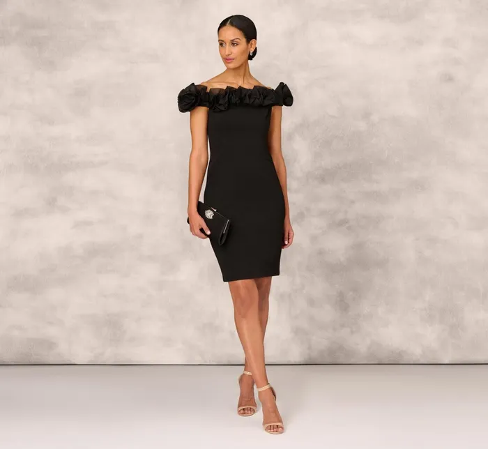 Adrianna Papell Off The Shoulder Crepe Sheath Dress With Organza Florals In Black Black Women Cocktail Dresses Adrianna Papell Off The Shoulder Crepe Sheath Dress With Organza Florals In Black Black Women Cocktail Dresses