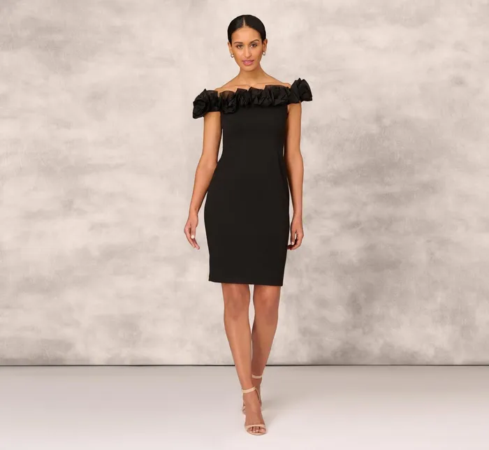Adrianna Papell Off The Shoulder Crepe Sheath Dress With Organza Florals In Black Black Women Cocktail Dresses Adrianna Papell Off The Shoulder Crepe Sheath Dress With Organza Florals In Black Black Women Cocktail Dresses