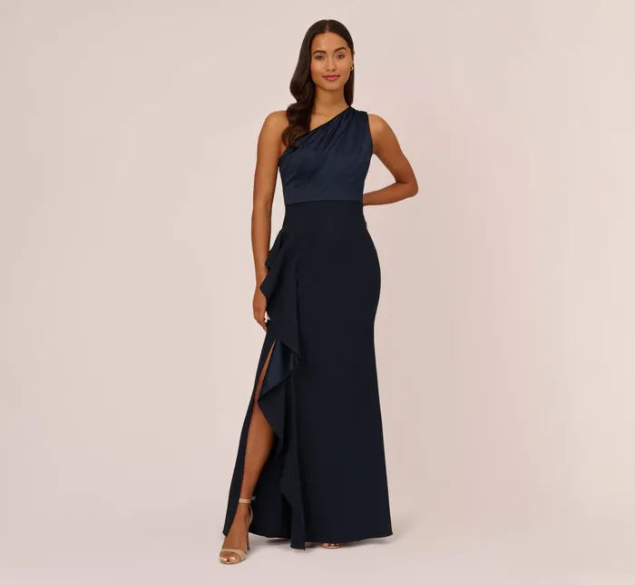 Adrianna Papell OneShoulder Long Satin Crepe Mermaid Gown In Dark Navy Dark Navy Women Long Dresses Adrianna Papell OneShoulder Long Satin Crepe Mermaid Gown In Dark Navy Dark Navy Women Long Dresses