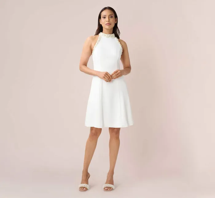 Adrianna Papell PearlTrim Satin Crepe FitAndFlare Halter Short Cocktail Dress In Ivory Ivory Women Short Wedding Dresses Adrianna Papell PearlTrim Satin Crepe FitAndFlare Halter Short Cocktail Dress In Ivory Ivory Women Short Wedding Dresses