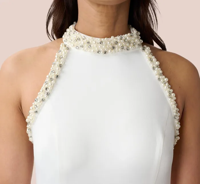 Adrianna Papell PearlTrim Satin Crepe FitAndFlare Halter Short Cocktail Dress In Ivory Ivory Women Short Wedding Dresses Adrianna Papell PearlTrim Satin Crepe FitAndFlare Halter Short Cocktail Dress In Ivory Ivory Women Short Wedding Dresses