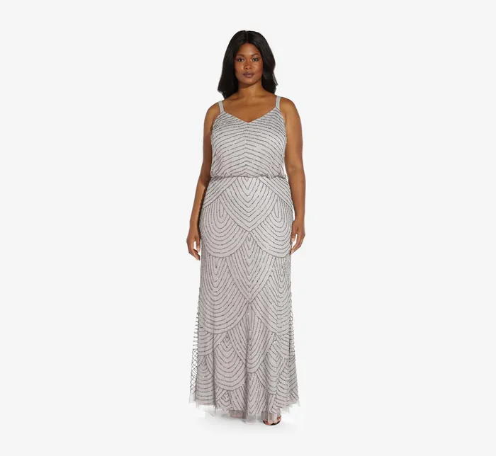Adrianna Papell Plus Size Art Deco Beaded Blouson Gown In Bridal Silver Bridal Silver Women Plus Size Adrianna Papell Plus Size Art Deco Beaded Blouson Gown In Bridal Silver Bridal Silver Women Plus Size