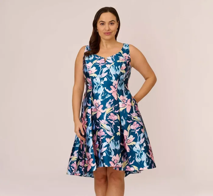 Adrianna Papell Plus Size Floral Print Mikado Short High Low FitAndFlare Dress In Navy Multi Navy Multi Women Short Dresses Adrianna Papell Plus Size Floral Print Mikado Short High Low FitAndFlare Dress In Navy Multi Navy Multi Women Short Dresses