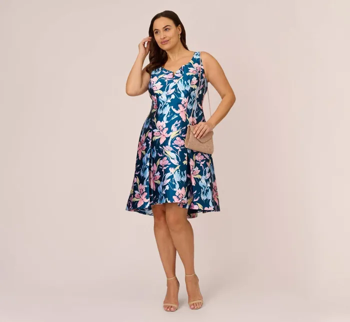 Adrianna Papell Plus Size Floral Print Mikado Short High Low FitAndFlare Dress In Navy Multi Navy Multi Women Short Dresses Adrianna Papell Plus Size Floral Print Mikado Short High Low FitAndFlare Dress In Navy Multi Navy Multi Women Short Dresses